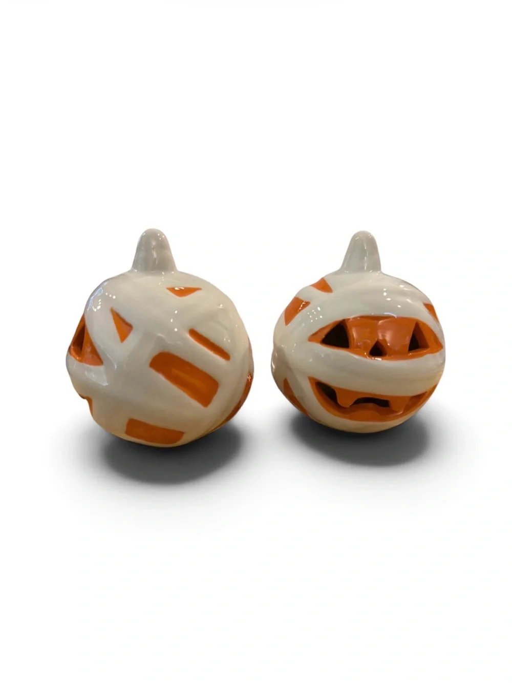White and Orange Ceramic. Mummy  Pumpkin Lantern Pair with Green LED light